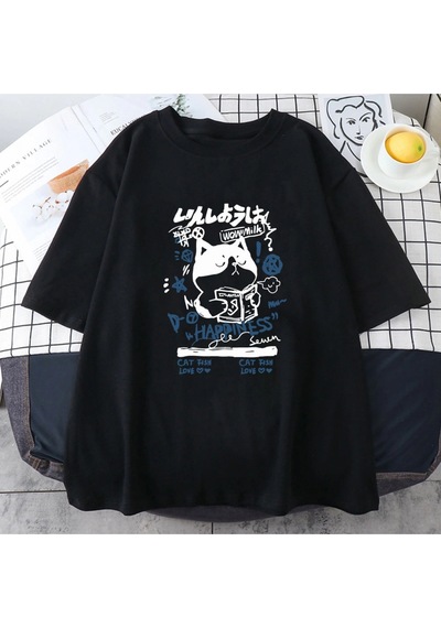 Startmore Beyaz Japon Kanji Kedi Lukawaii Grafik Baskı Tees Siyah