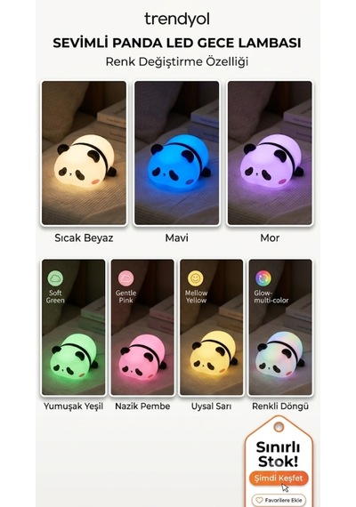 Sevimli Panda Tasarımlı Led Gece Lambası Yumuşak Puf Çocuk Odası Dekoratif Açık Beyaz