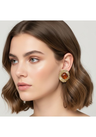 Kadın Kahve Taşlı Gold Detaylı Çelik 14 K Küpe 30 Mm Çok Renkli