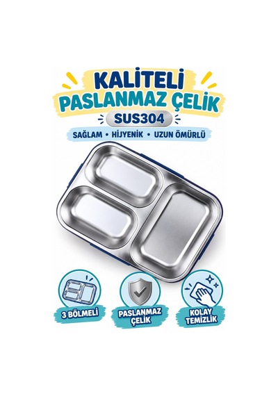 750 Ml Lunchbox Dinazor Desenli Tek Katlı 3 Bölmeli Paslanmaz Çelik Beslenme Kabı- Sefer Tası Mavi
