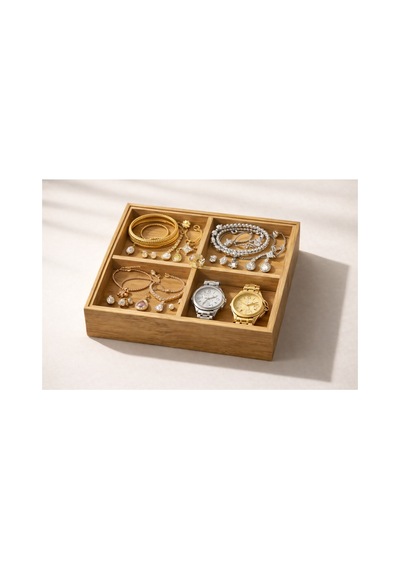 4 Bölmeli Ahşap Organizer,çerezlik,lokumluk,kahvaltılık,çay Poşeti,takı Kutusu,20x20 Cm,kulplu Kutu Bej