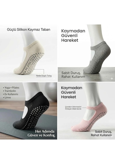 Kaymaz Taban Yoga Ve Pilates Çorabı 4 Lü Kadın, Silikon Tabanlı Nefes Alabilir Bilek Bantlı Çorap, E Beyaz