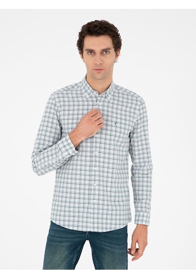 Cacharel Haki Slim Fit Pamuklu Kareli Gömlek Yeşil