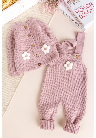 Babymod Yumuşak Dokulu Triko Hırkalı Kız Bebek Örgü Salopet Tulum Set Gülkurusu