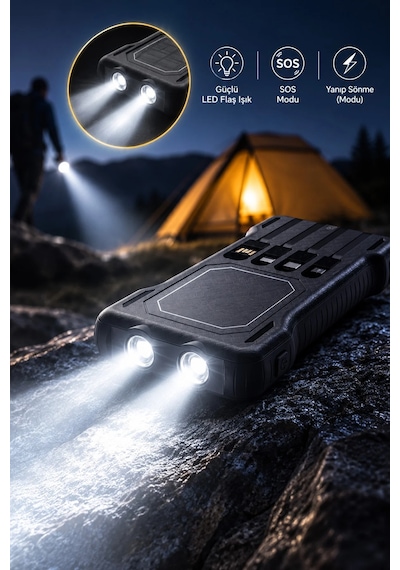 Exenar - Siyah - Güneş Enerjili Powerbank Kendinden Kablolu Solar Taşınabilir Şarj Aleti Çift Led Fenerli 10.000 Mah