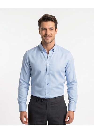 Özeniş Erkek Cepsiz Pamuklu Uzun Kollu Oxford Slim Fit Gömlek Açik Mavi