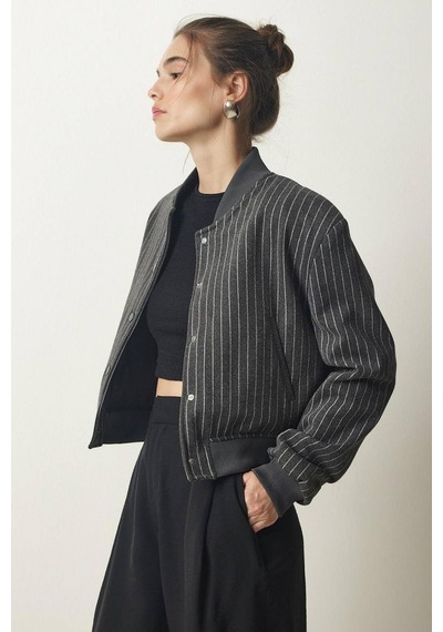 Rovebella Bellissimo Çizgili Gri Kaşe Crop Ceket