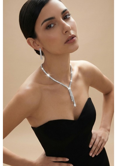 Valmont Accessories 39 Cm Zirkon Taşlı Y Model Şık Işıltılı Tasarım Düğün, Kına, Nişan Gelin Takı Seti Gümüş