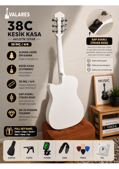 Valares 38c Kesik Kasa Beyaz Akustik Gitar 38 İnç 4/4 Yetişkin Üst Segment Çanta Capo Askı Pena