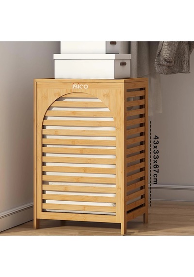 Kalın Ahşap Bambu Kirli Çamaşır Sepeti Kumaş Çantalı Sepet 43x33x67cm Bx40 Çok Renkli