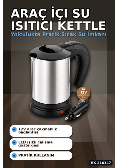 Araç İçi Su Isıtıcı Kettle 12v Çakmaklık Girişli Paslanmaz Çelik Termos Bx-316147