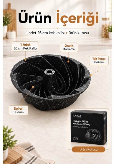 Kochler Rüzgar Gülü 26 Cm Granit Kaplamalı Alüminyum Döküm Kek Kalıbı Siyah