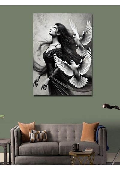 Kanvas Tablo Uçan Beyaz Güvercin Ve Kadın Silüeti 50cmx70cm