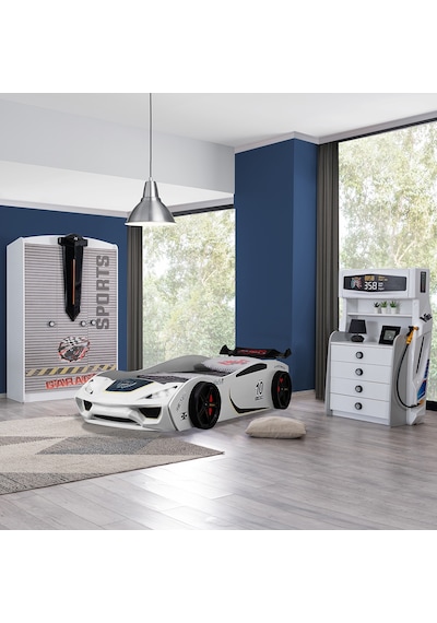 Setaymobilya Sports Çocuk Odası - Vento Arabalı Yatak Dolap Şifonyer - Beyaz