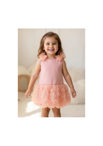 Çilek Tütülü Kız Bebek Elbise Somon Rengi Pembe