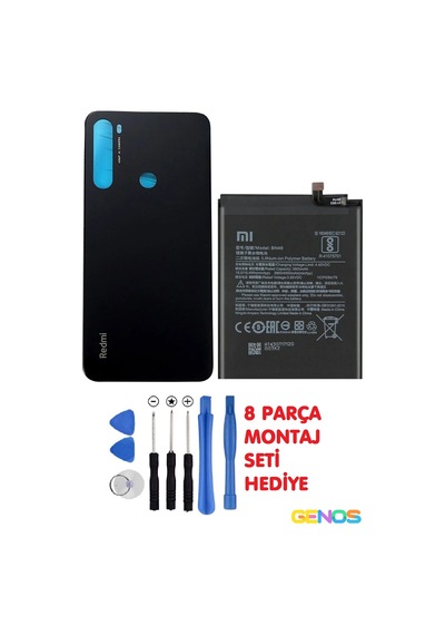 Xiaomi Redmi Note 8 Uyumlu Cam Kapak Batarya Pil Kapağı Siyah + Note 8 Batarya Pil Bn46 + Montaj Set