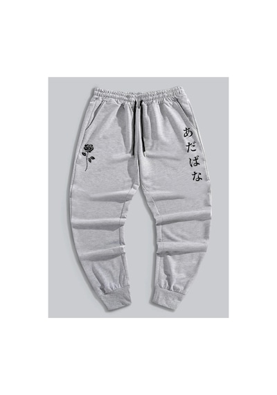 Tarzsokak Guys Letter Floral Graphic Drawstring Eşofman Altı Gri