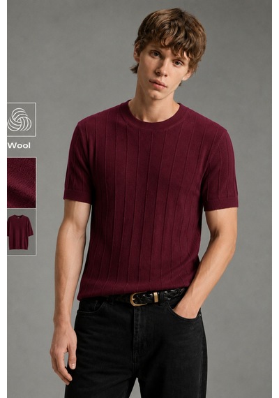 Cool Tarz Erkek Çizgili Triko Tişört Bisiklet Yaka Slim Fit Kısa Kollu Bordo Bordo