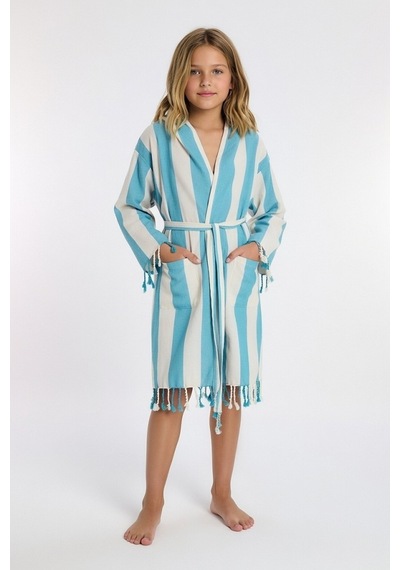 Çocuk Striped Peştamal Bornoz %100 Pamuk Unisex Mavi
