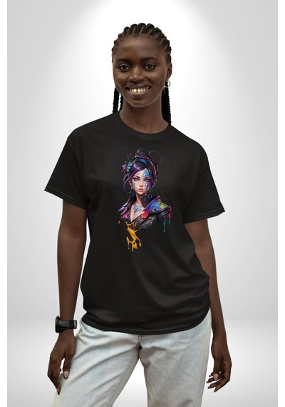 Süper Robot Kız Sulu Boya Pamuklu Bisiklet Yaka Unisex Oversize Boyfriend Dijital Baskılı Siyah T-shirt Siyah