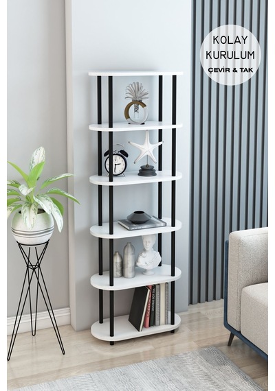 6 Raflı Oval Tasarım Kitaplık Ofis Salon Kitaplığı Modern Şık Tasarım Kitaplık Dosya Rafı Beyaz