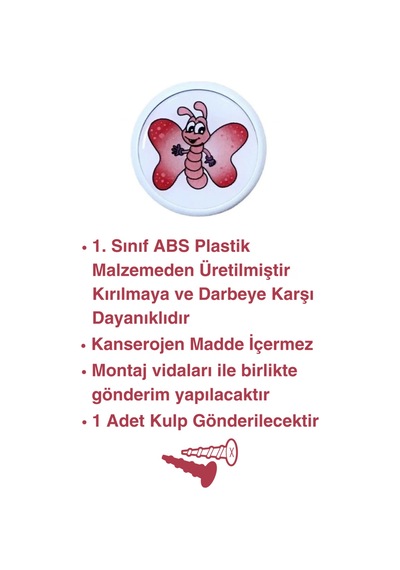 Pembe Kelebek Çocuk Odası Mobilya Kulbu - 55 MM - Abs Plastik Tekli Düğme Dolap ve Çekmece Kulpu Pembe
