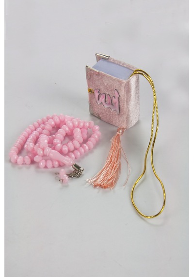 Kadife Kaplı Mini Kuran Kutulu - Tesbihli - Pleksili - Pembe