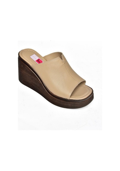 Fox Shoes P555961203 Vizon Hakiki Deri Dolgu Topuklu Kadın Terlik Vizon