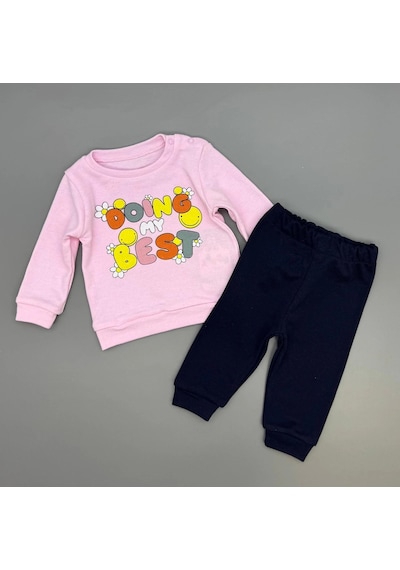 Poppy Trend Kız Bebek Baskılı Çıt Çıtlı Alt Üst İkili Gündelik Takım Pembe