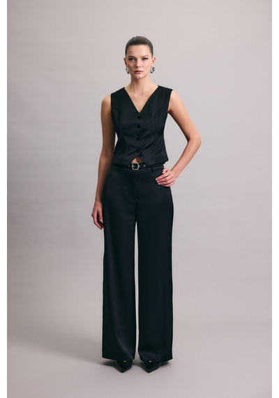 Sateen Klasik Düz Yelek - Siyah-137029 Siyah