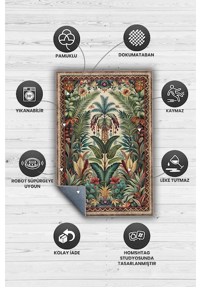 Homshtag Art Deco Botanik Orman Vintage Halı Görünümlü Dijital Baskı Yeşil Renk Rustik Çiçekli Halı Çok Renkli