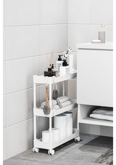Beyaz 3 Katlı Tekerlekli Dar Düzenleyici Mutfak Ve Banyo Rafı