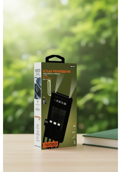 10000mah Güneş Enerjili Taşınabilir Şarj Cihazı - Çift Led Fenerli, Lcd , 2 Usb-c Powerbank Lisinya Siyah