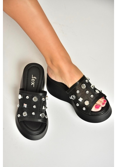 Fox Shoes U973622009 Siyah Kalın Tabanlı Kadın Terlik Siyah-suni Deri Siyah