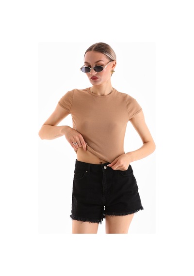 Loısy Kadın Likralı Kısa Kol Crop Bluz Siyah