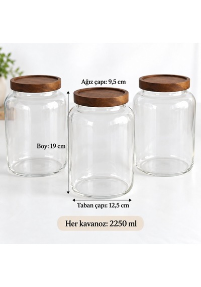 Akasya Kapaklı Cam Kavanoz 2250 Ml- Üçlü Set Kahverengi - Şeffaf