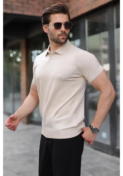 Madmext Taş Rengi Regular Fit Polo Yaka Triko Erkek Tişört E7502