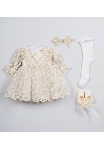 Pugi Baby Kız Bebek Şık Dantelli Mevlüt / Özel Gün Elbisesi Bej1