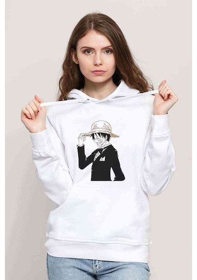 Anime One Piece Baskılı Beyaz Kadın Kapşonlu Sweatshirt (534769692)