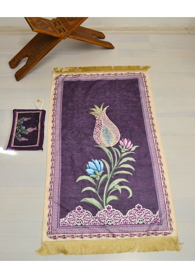 Pratik Ve Taşınabilir İpek Dokulu Çantalı Seccade Lale Desenli Mor- Fermuarlı Mor