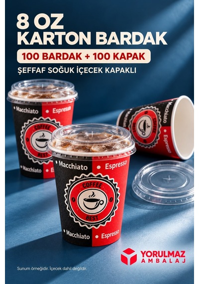 8 Oz Kapaklı Karton Bardak 100 Adet Soğuk İçecek Uyumlu Sızdırmaz Kağıt Bardak Renkli