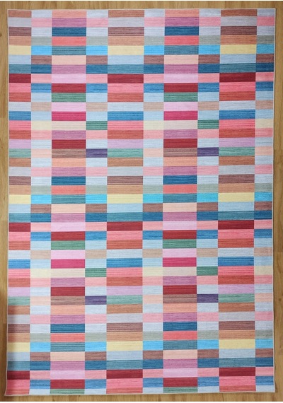 Modern Renkli Blok Desenli Geometrik Halı - 12439ou Pembe