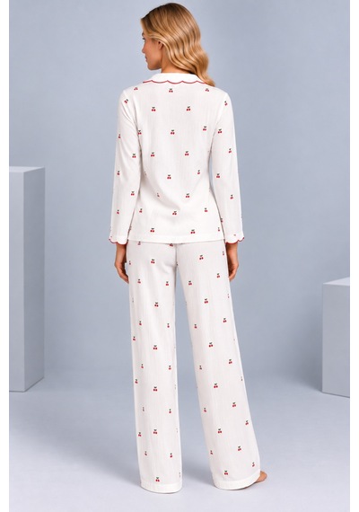 Pijamask Kadın Çiçek Desenli Bebe Yaka Düğmeli Uzun Kollu Müslin Pijama Takımı Beyaz