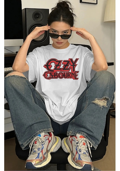Ozzy Osbourne Black Sabbath Rapper Şarkıcı Baskılı Unisex Oversiz Beyaz