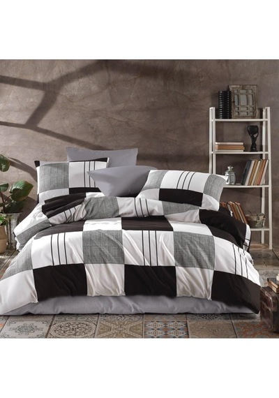 Lüks%80 Pamuklu Çift Kişilik Nevresim Takımı Seti Yorgan Kılıfı Siyah Gri Beyaz Kareli Desen 200x220 Cm + Lastik Diğer