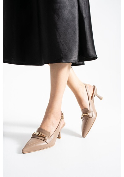 Dericia Shoes Infinity Hakiki Deri Kadın İnce Topuklu Arka Açık Ayakkabı Bej