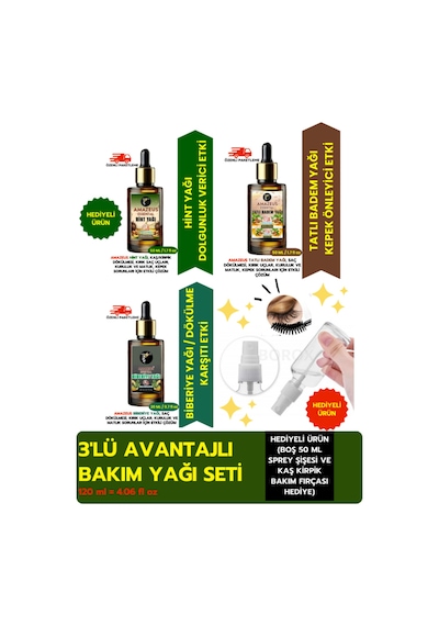 Amazeus 3'lü Bitkisel Yağ Seti/ Hint, Tatlı Badem, Biberiye 120 Ml %100 Saf Ve Doğal Hediyeli Ürün