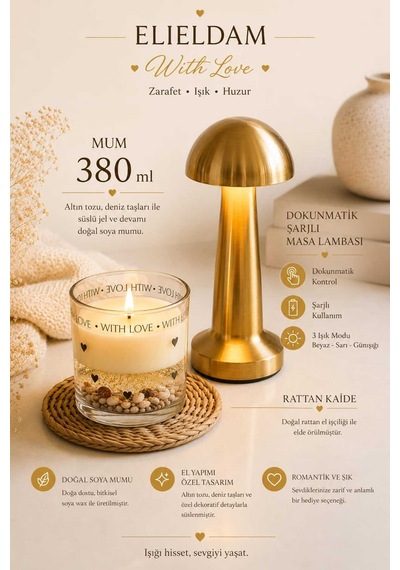 Doğum Günü, Özel Gün, Yeni İş, Yeni Ev Hediyesi Kalp Motifli Doğal Soya Mum Ve Gold Masa Lambası Seti