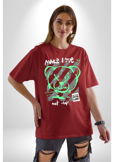 Savaşma Teddy Bear Pamuklu Bisiklet Yaka Unisex Oversize Boyfriend Dijital Baskılı Kırmızı T-shirt Kırmızı