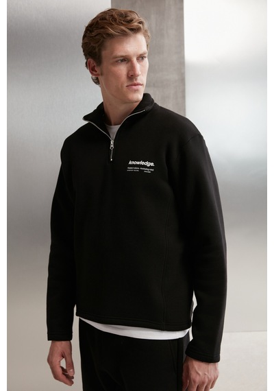 Grimelange Halden  Erkek Içi Polarlı Dik Yaka Yarım Fermuarlı Baskı Detaylı Regular Siyah Sweatshirt